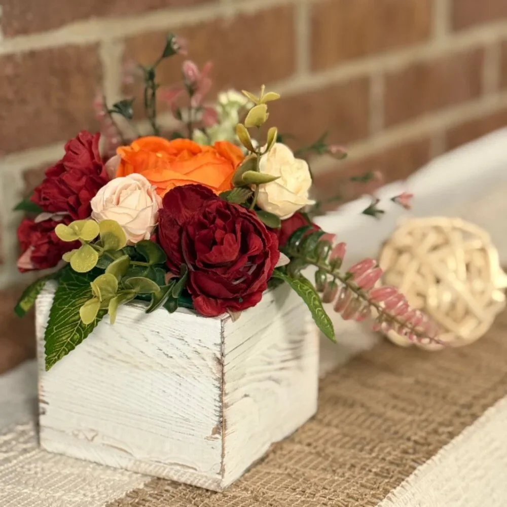 Fall Faux Floral Arrangement in Rustic Wooden Box – Home or Office Decor